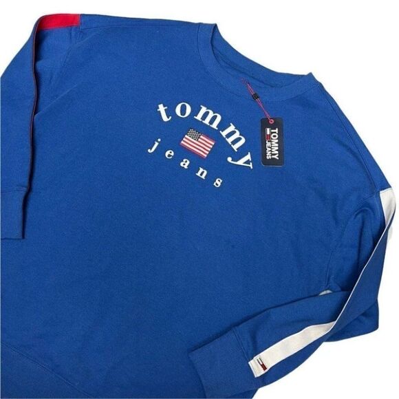 Tommy Jeans Women’s S Oversized‎ Logo Sweatshirt Flag Stripe Longline Lounge Red - Picture 2 of 10